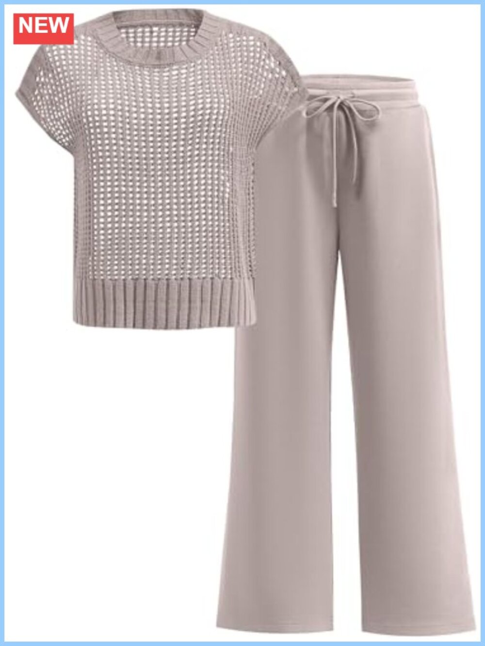 Crochet Sheer Knit Sweater Top Wide Leg Pants Lounge Matching Set